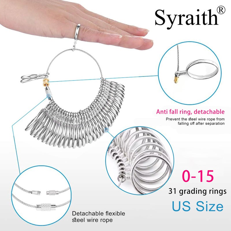 Syraith Ring Sizer Measuring Tool Metal Combination Suit for Finger Sizing Measuring&Jewelry Making&Ring Deformation Correction US Size 0-15 Attached Special Storage Box&polishing Cloth&Anti-Falling Ring - Image 3